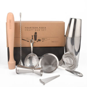 A Bar Above 14-piece bartender kit in Stainless Steel with included cocktail tools and box
