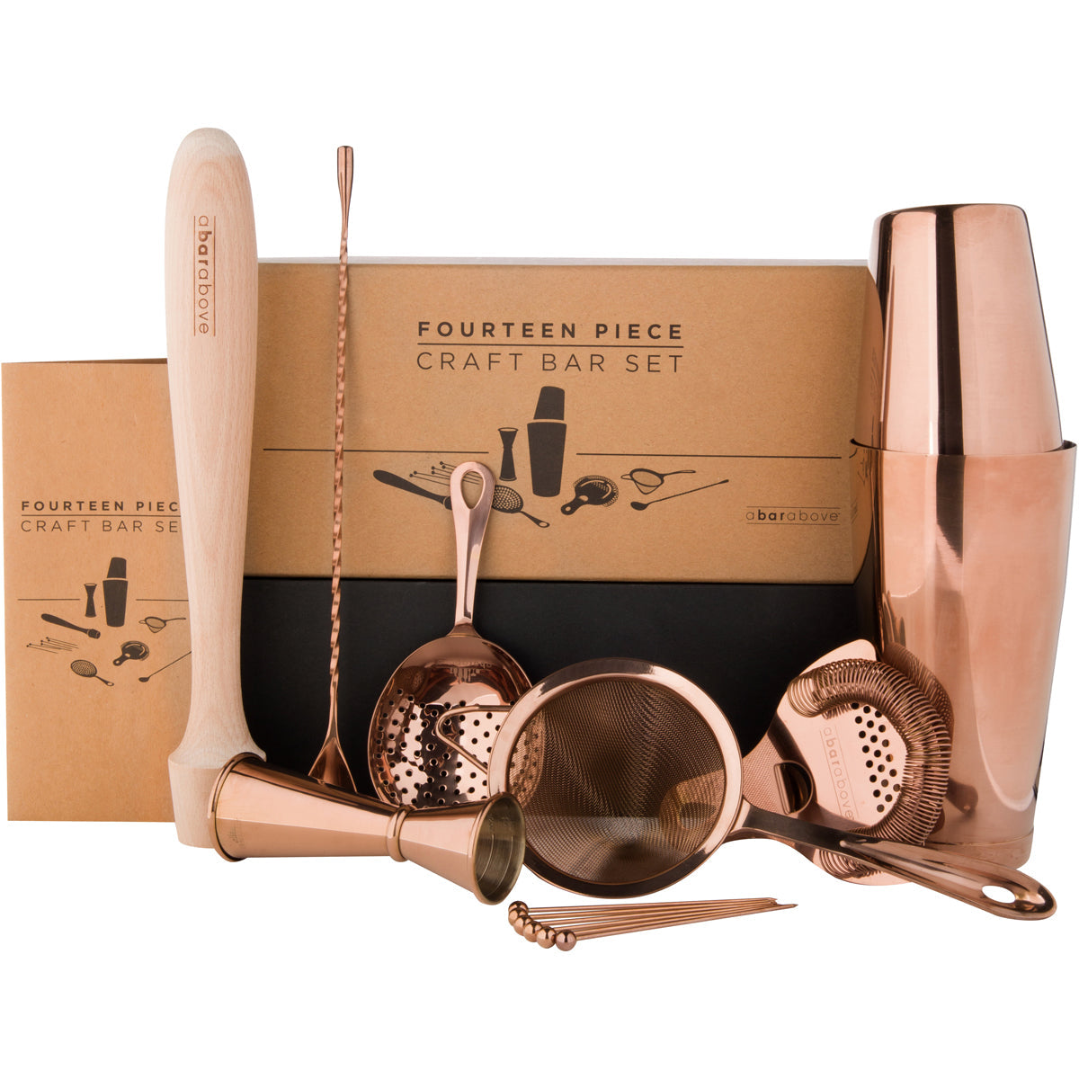 A Bar Above 14-piece bartender kit in Antique Copper with included cocktail tools and box