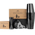 A Bar Above 4-Piece Cocktail Shaker Set in Black with Boston shaker tins, jigger and Hawthorne strainer