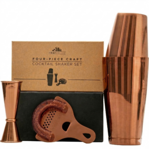 A Bar Above 4-Piece Cocktail Shaker Set in Antique Copper with Boston shaker tins, jigger and Hawthorne strainer