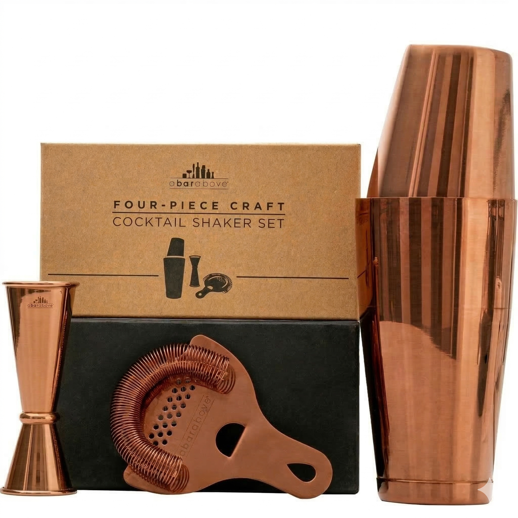 A Bar Above 4-Piece Cocktail Shaker Set in Antique Copper with Boston shaker tins, jigger and Hawthorne strainer
