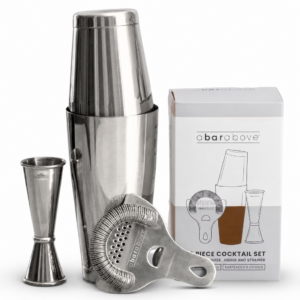 A Bar Above 4-Piece Cocktail Shaker Set in Stainless Steel with Boston shaker tins, jigger and Hawthorne strainer
