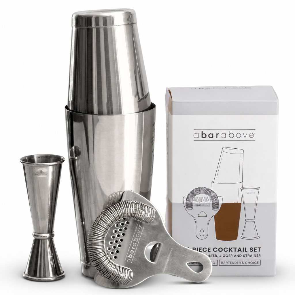 A Bar Above 4-Piece Cocktail Shaker Set in Stainless Steel with Boston shaker tins, jigger and Hawthorne strainer