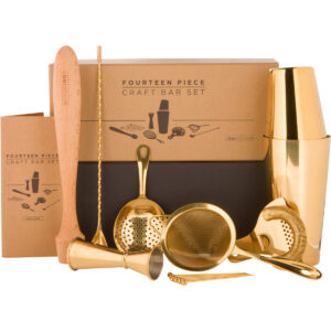 A Bar Above 14-piece bartender kit in Gold with included cocktail tools and box