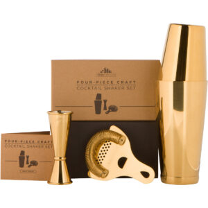 A Bar Above 4-Piece Cocktail Shaker Set in Gold with Boston shaker tins, jigger and Hawthorne strainer