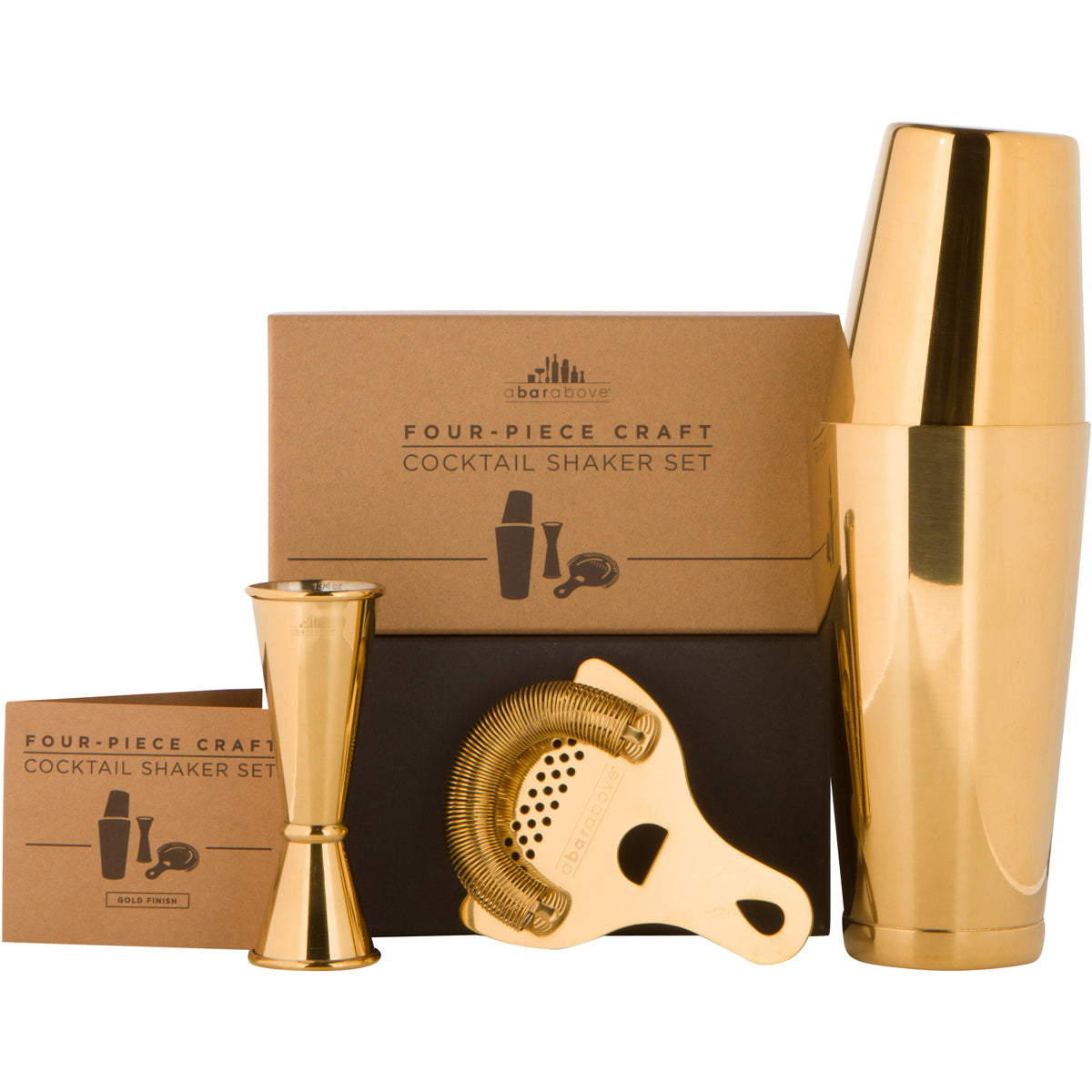 A Bar Above 4-Piece Cocktail Shaker Set in Gold with Boston shaker tins, jigger and Hawthorne strainer