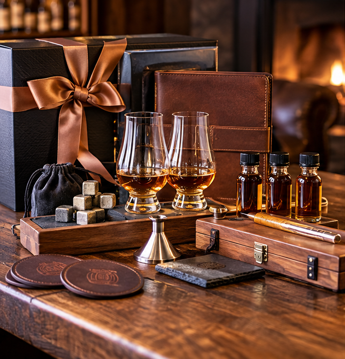 Bourbon themed gift set with whiskey glasses and accessories