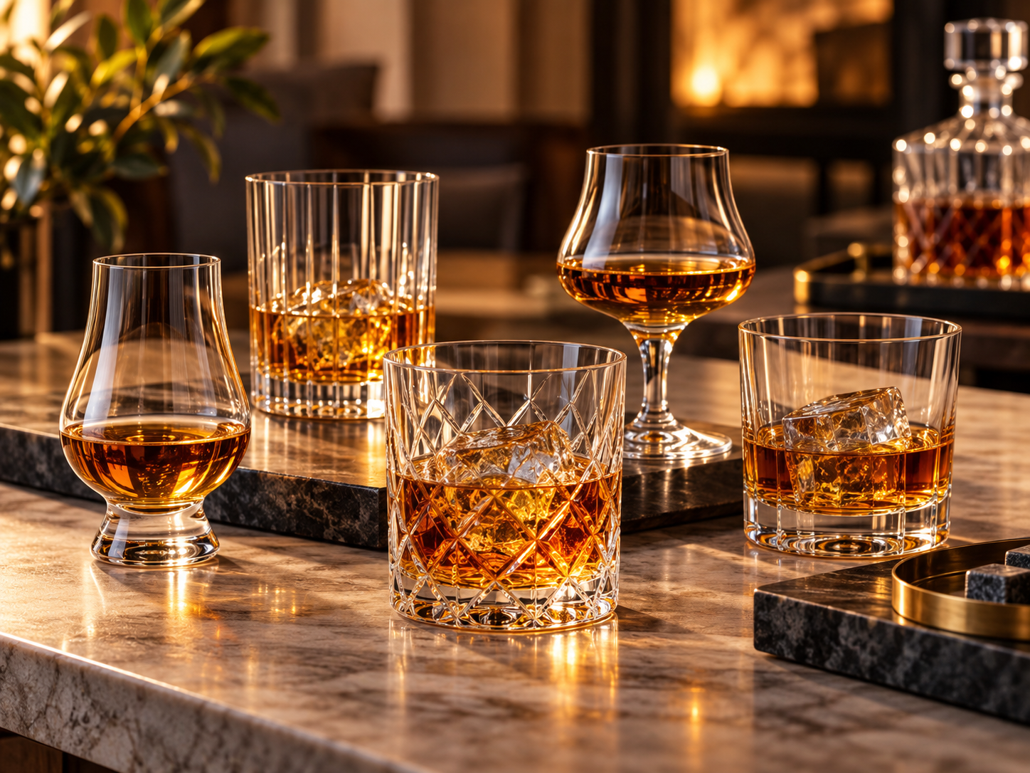 Whiskey tasting glasses and rocks glasses