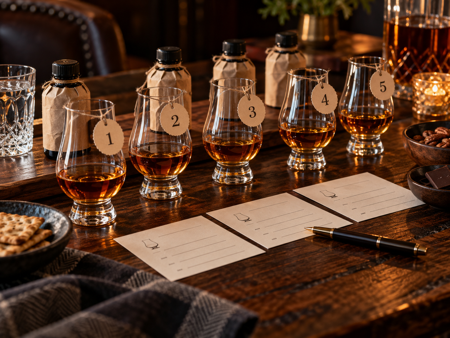 Numbered whiskey glasses and blind bourbon tasting setup