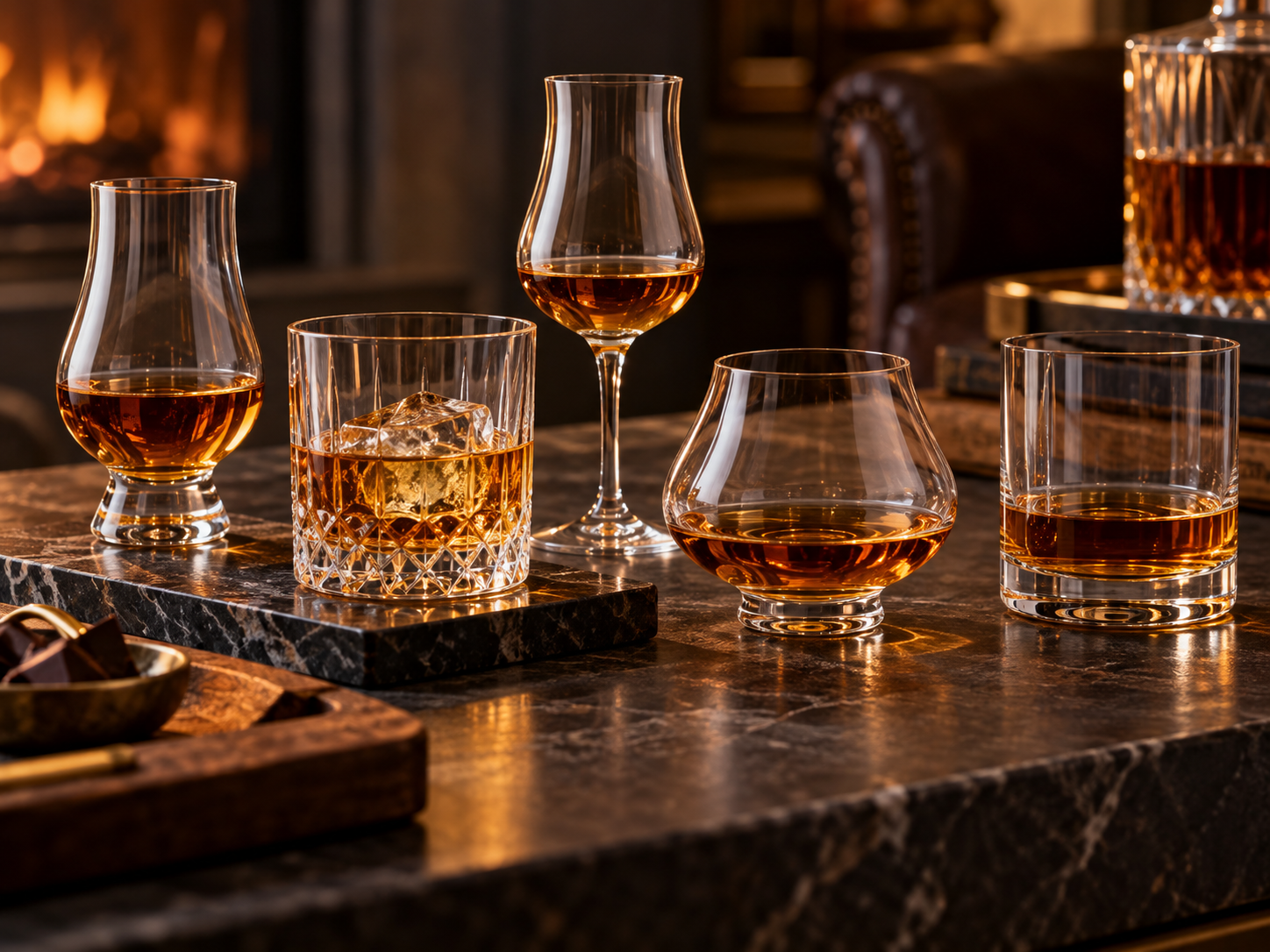Selection of whiskey tasting glass shapes on a bar