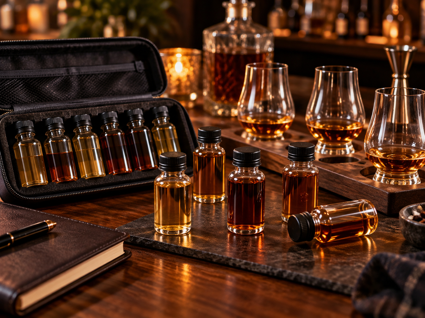 Whiskey sample bottles and tasting accessories