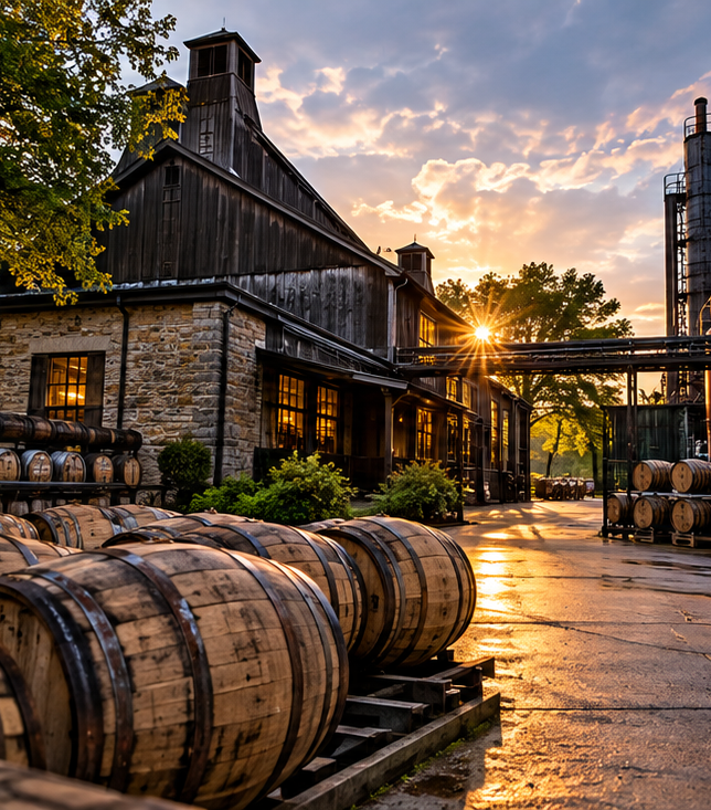 Kentucky bourbon distillery and oak barrels